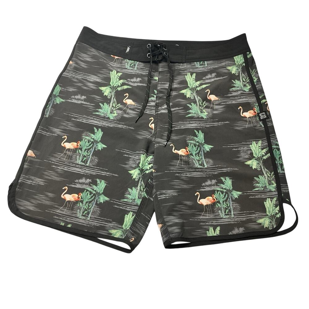 No Fear Board Shorts Y2K Flamingo Tropical Print Black 9" Swim Trunks Size 36